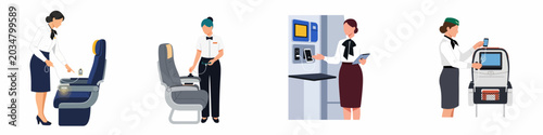 Принти на полотні Collection of vector illustrations featuring flight attendants demonstrating airplane seat amenities like charging ports and inflight entertainment systems on a white background