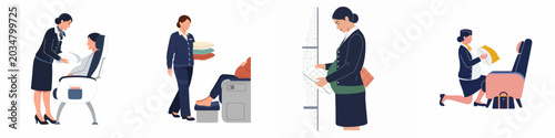 Photos Vector set of professional flight attendants providing attentive service, offering pillows and comfort to passengers during various stages of a commercial flight