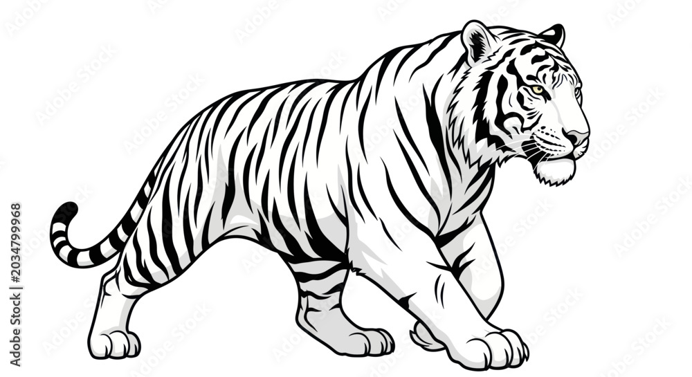 Fototapeta premium White Tiger Illustration, Majestic Predator, Black Stripes, Powerful Stance, Vector Art