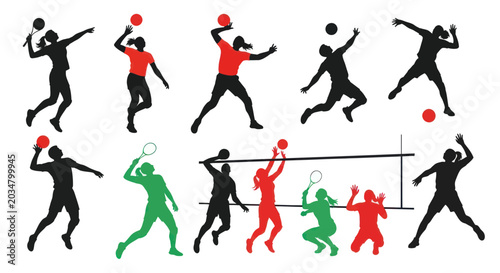 Schilderij op canvas Sports Silhouettes: Volleyball, Badminton, Tennis Players in Action