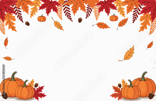 Autumn Halloween pumpkin border frame with orange leaves and harvest decoration