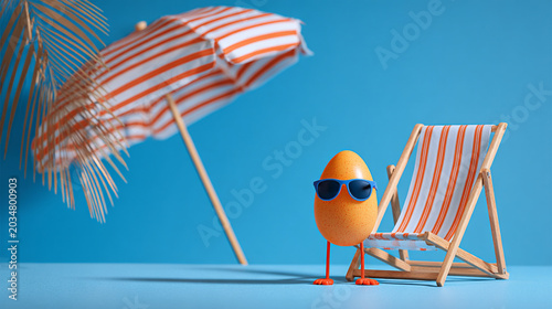 Humorous Egg Mascot Enjoying Summer Vacation on Tiny Tropical Beach Setup.