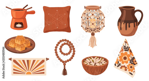 Bohemian home decor with pottery candles and textiles