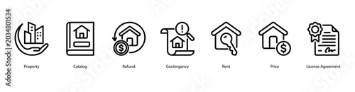 Photos Property Agreement web banner icon vector illustration featuring Property, Catalog, Refund, Contingency, Rent, Price, and License Agreement