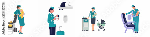 Photos Collection of professional flight attendants caring for infants and babies in an airplane cabin, flat vector illustration set