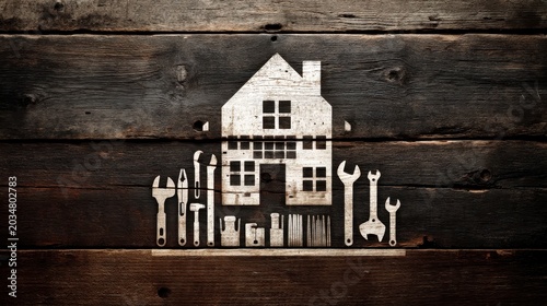Silhouette of house with tools for repair on natural dark wood background