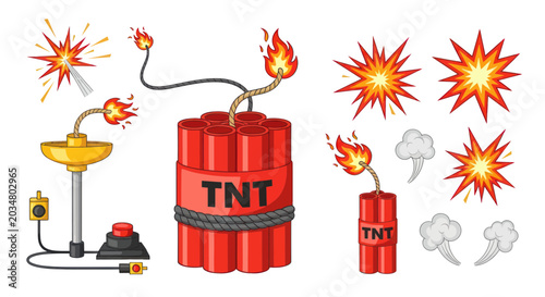 Slika na platnu Explosion Elements: TNT Dynamite, Detonator, Sparks, Flames, and Smoke