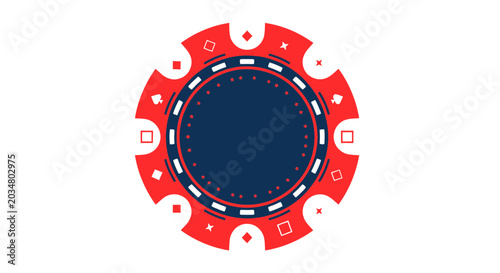 Photos Red and blue casino poker chip with card suits, isolated on white