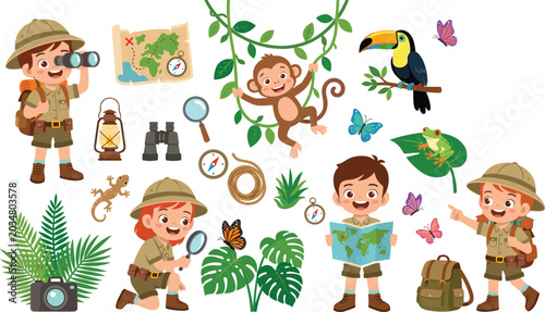 Photography Jungle Safari Explorer Kids Clipart Set with Cute Children Monkey Toucan Frog Ma
