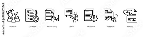Фотография Legal and Publishing web banner icon vector illustration featuring Spectators, Condition, Proofreading, Citation, Plagiarism, Trademark, and Contract