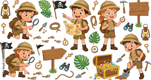 Принти на полотні Treasure Hunt Adventure Explorer Kids Vector Illustration Set with Pirate Flags