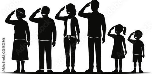 Quadro em tela Black silhouettes of family members saluting in a line on a white background