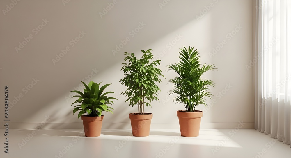 Fototapeta premium Minimalist interior with three potted plants and natural light modern home decor concept