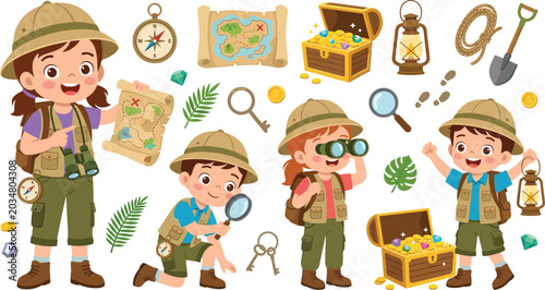 Obraz na płótnie Jungle Safari Explorer Kids and Treasure Hunt Clipart Set with Cute Children Tre