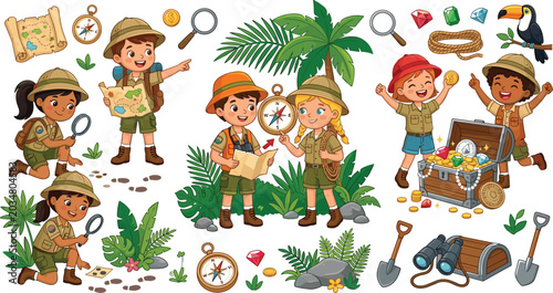 Foto Jungle Safari Explorer Kids and Treasure Hunt Clipart Set with Cute Diverse Chil