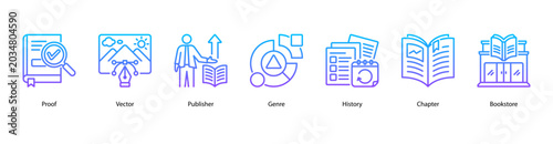 Foto Publishing Process web banner icon vector illustration featuring Proof, Vector, Publisher, Genre, History, Chapter, and Bookstore