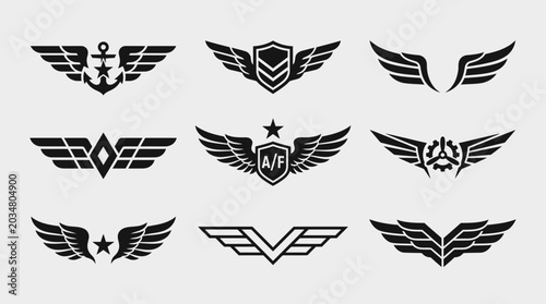 Set Of Aviation Wings Emblems, Badges, Icons, Military, Navy, Air Force Symbols
