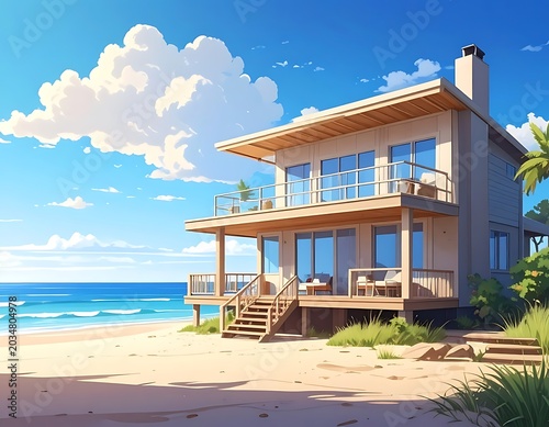 A serene beachside house with a large balcony and staircase