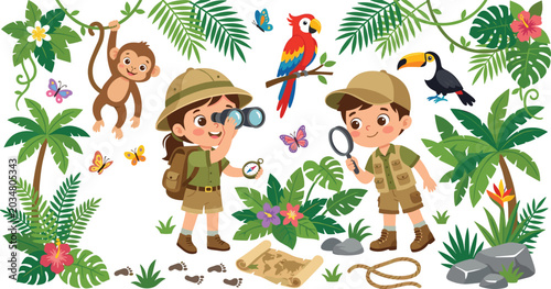 Photography Jungle Safari Adventure Vector Illustration Set with Cute Explorer Kids Animals