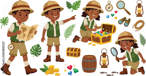 фотографія Cute Safari Explorer Kids and Treasure Hunt Clipart Set with African American Ch