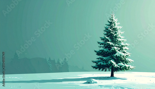 Snowy pine tree on frozen ground in winter landscape