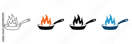 Set of four cooking pan icons with fire flames featuring linear and solid vector styles for culinary design projects and restaurant website interface