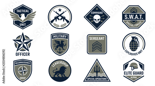 Military Emblems Set - Tactial Unit, SWAT, Officer, Sergeant, Elite Guard Icons