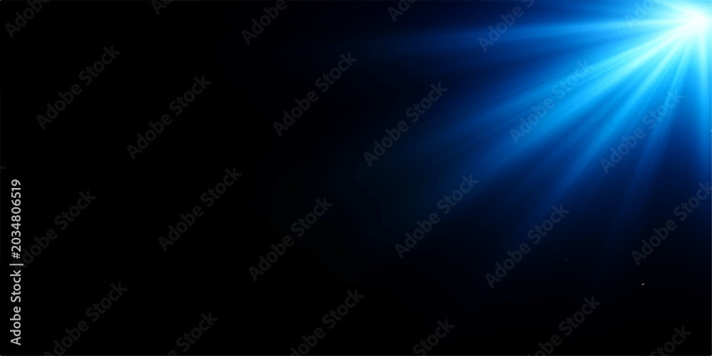 Fototapeta premium A dramatic burst of brilliant blue light emanates from the upper right corner, casting radiant beams against a deep black background, suggesting energy, innovation, or a celestial event.