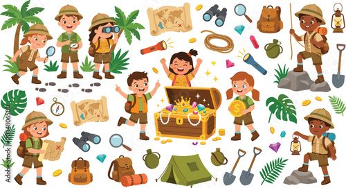 Tableau sur toile Cute Jungle Safari Explorer Kids and Treasure Hunt Clipart Set with Camping Tent