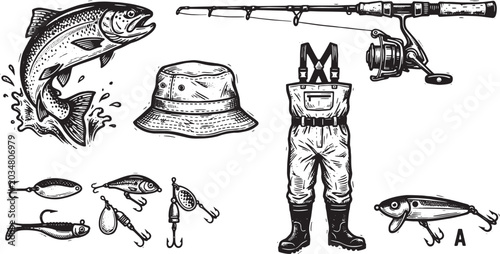 Vintage Engraving Style Fishing Gear, Waders, and Leaping Trout Vector Set