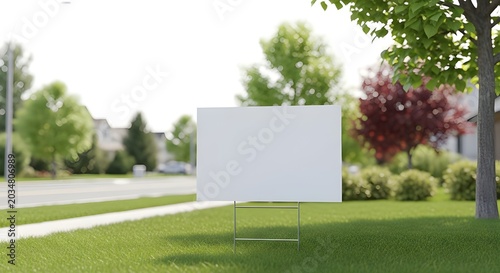 Blank yard sign mockup on lush green lawn with residential street scene in background