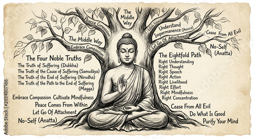 Buddha and Bodhi Tree Sketch: The Middle Way, Four Noble Truths, and Eightfold Path Teaching Chart
