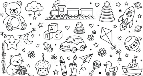 Photos Cute kids toys and baby nursery elements doodle set, hand drawn line art illustration isolated on white background