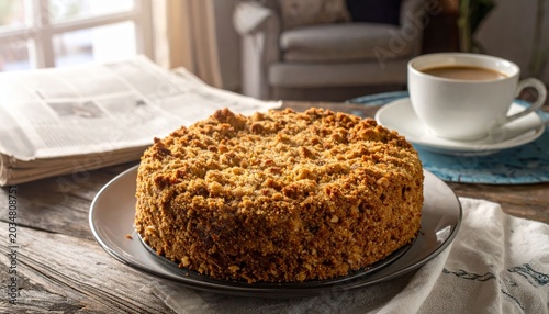 A delicious crumbly buttery coffee cake with a thick cinnamon streusel topping rests on a dark plate, ready to be enjoyed with coffee.