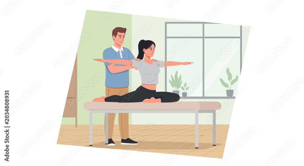 Fototapeta premium Physiotherapist assisting woman in split position on therapy table