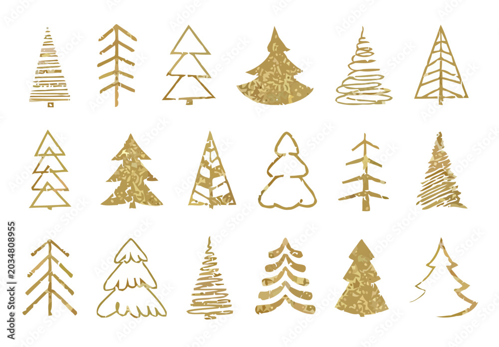 Obraz premium Gold Christmas Tree Icons Set, Minimalist Festive Holiday Elements