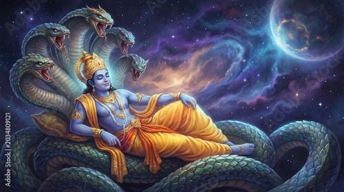 Lord Vishnu sleeping on Shesha Naga with cosmic background