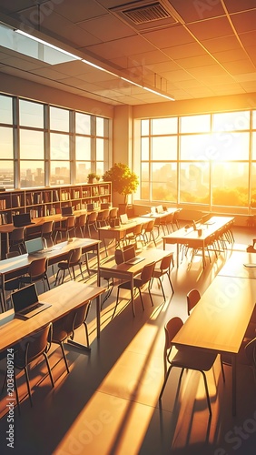 A serene classroom with sunlit desks and chairs