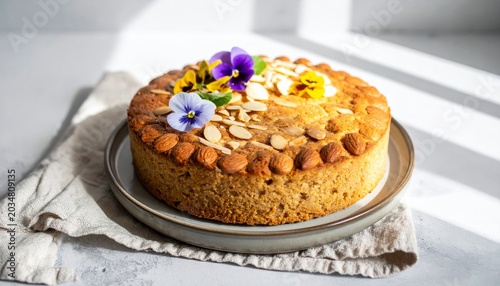 A delicious gluten-free almond flour cake, elegantly decorated with toasted sliced almonds and edible flowers, presented on a rustic plate.