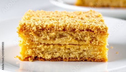 A delicious golden-brown cake slice with crumbly buttery layers and a sweet topping, perfect for enjoying as a dessert.