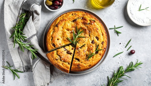 A delicious golden olive oil cake garnished with fresh rosemary sprigs and sea salt, ready to be served on a rustic table.