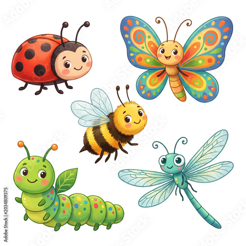 Collection of five cute cartoon insects: ladybug butterfly bee caterpillar