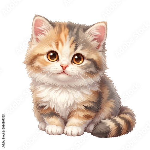 Cute fluffy kitten with big brown eyes, sitting and looking forward, domestic