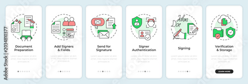 Automated signature processes onboarding mobile app screen. Secure electronic document management. Walkthrough 6 steps editable graphic instructions with linear concepts. UI, UX, GUI