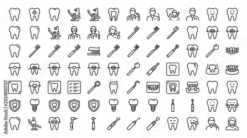 Professional Dental Healthcare Outline Icon Set Featuring Oral Clinic and Tooth Care Symbols