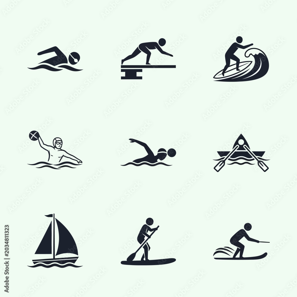 Obraz premium Water Sports Icon Set: Swimming, Surfing, Kayaking, Water Polo, Sailing