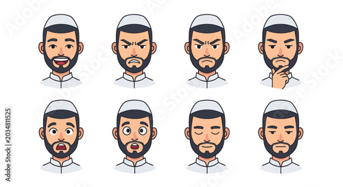 Cuadro en lienzo Diverse Muslim Man Emotions Cartoon Collection: Joy, Anger, Sadness, Thinking, F