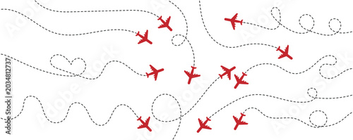 Airplane line path icon of air plane flight route dash line trace with start point. Airplane dashed route path. Vector illustration.