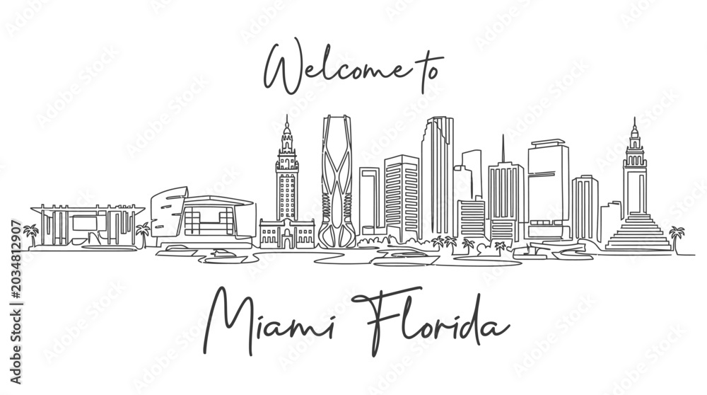 Fototapeta premium Miami Florida Skyline Illustration: Travel Destination Sketch, Black and White.