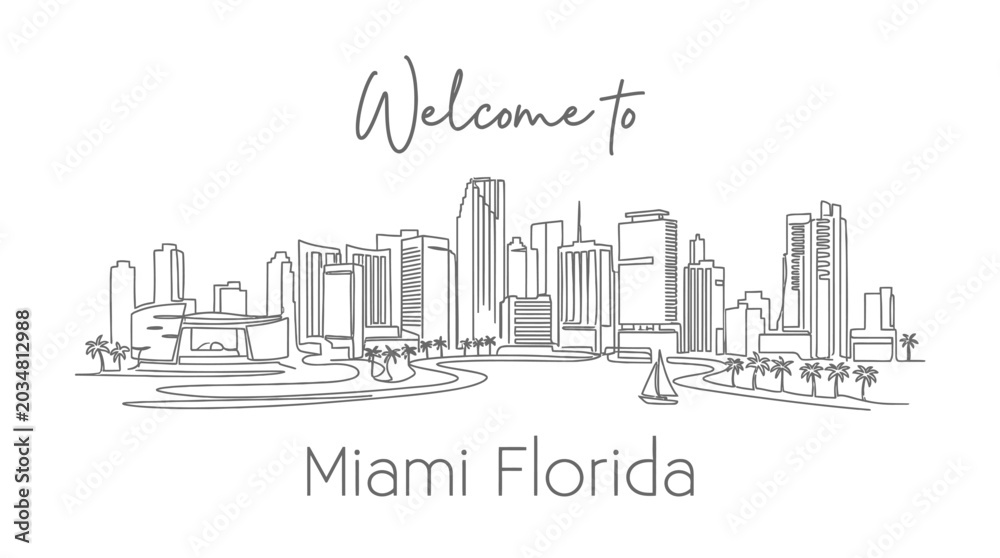Fototapeta premium Miami Florida Skyline Illustration, Welcome to the City